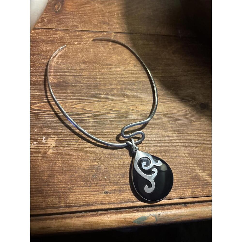 Mexican Sterling 925  Silver Torque Necklace With Large Pendant
